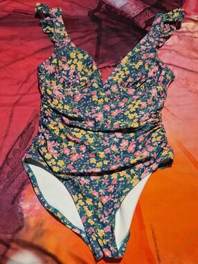 Kona Sol Green One-Piece Swimsuit with Pink & Yellow Floral Print